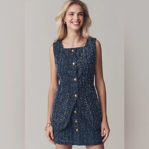Anthropologie Navy Tweed Button-Front Sleeveless Vest Dress